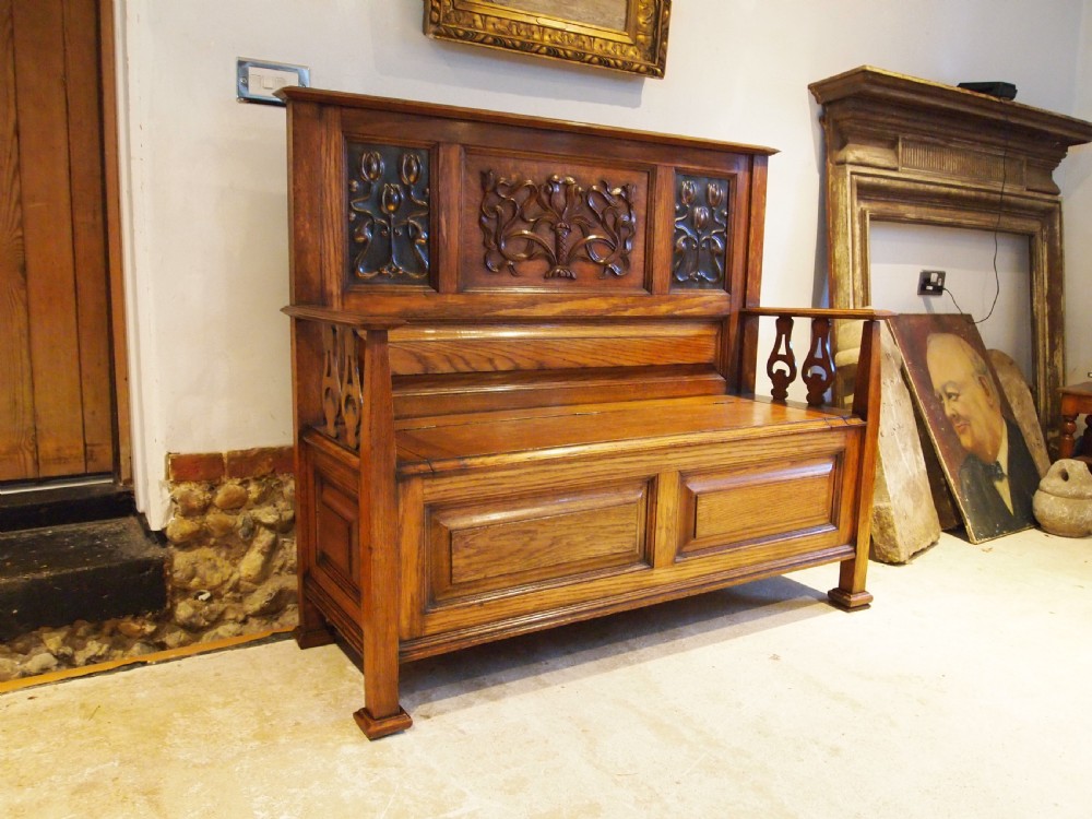 Bench Liberty & Co Oak settle pew Arts and Crafts c1900