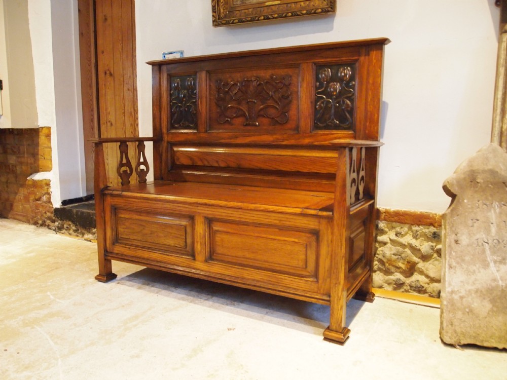 Bench Liberty & Co Oak settle pew Arts and Crafts c1900 View II