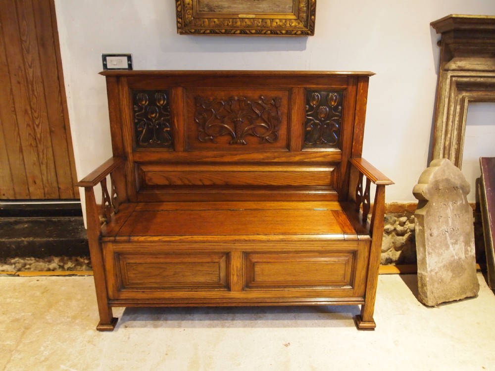 Bench Liberty & Co Oak settle pew Arts and Crafts c1900 View V