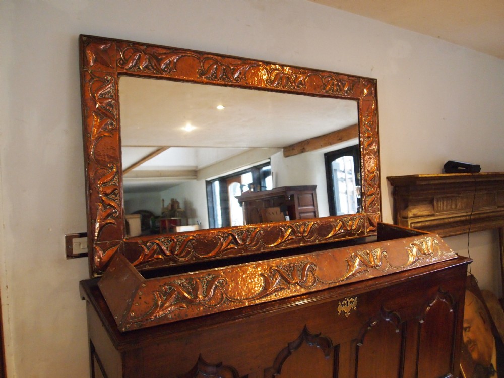 Mirror outstanding rare Arts and Crafts Newlyn manner matching fire kerb c1890