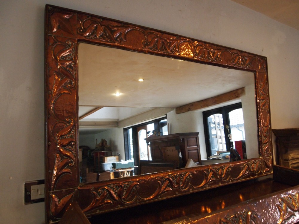 Mirror outstanding rare Arts and Crafts Newlyn manner matching fire kerb c1890 View V