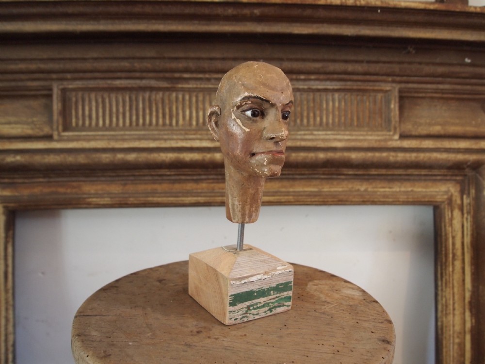 Folk art Victorian carved head glass eyes treen c1880 View II