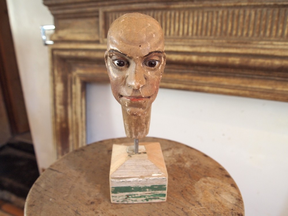 Folk art Victorian carved head glass eyes treen c1880 View X