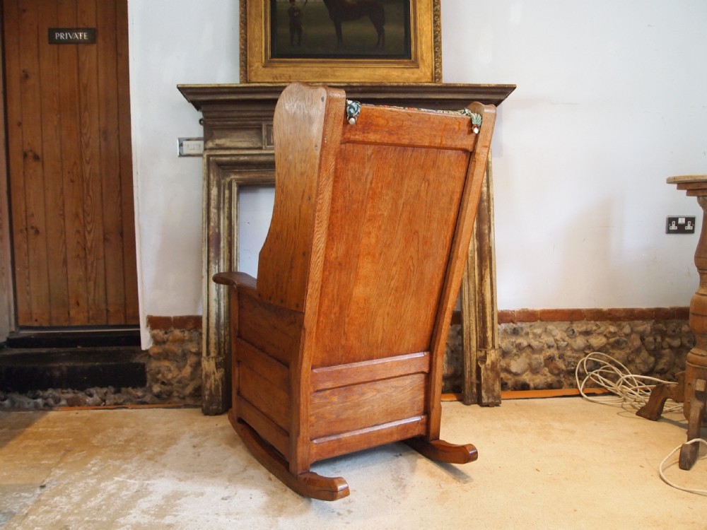 Rare Arts and Crafts Oak lambing rocking chair Cotswold school c1900 View VIII