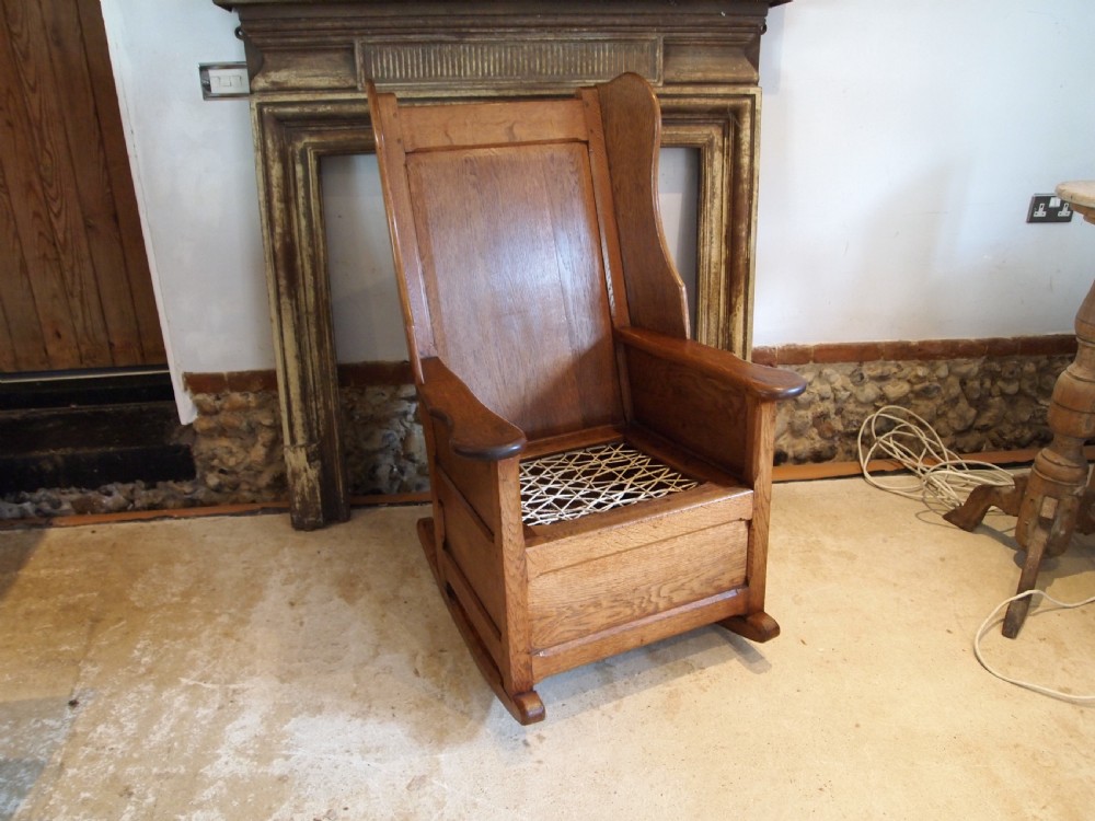 Rare Arts and Crafts Oak lambing rocking chair Cotswold school c1900 View XVII