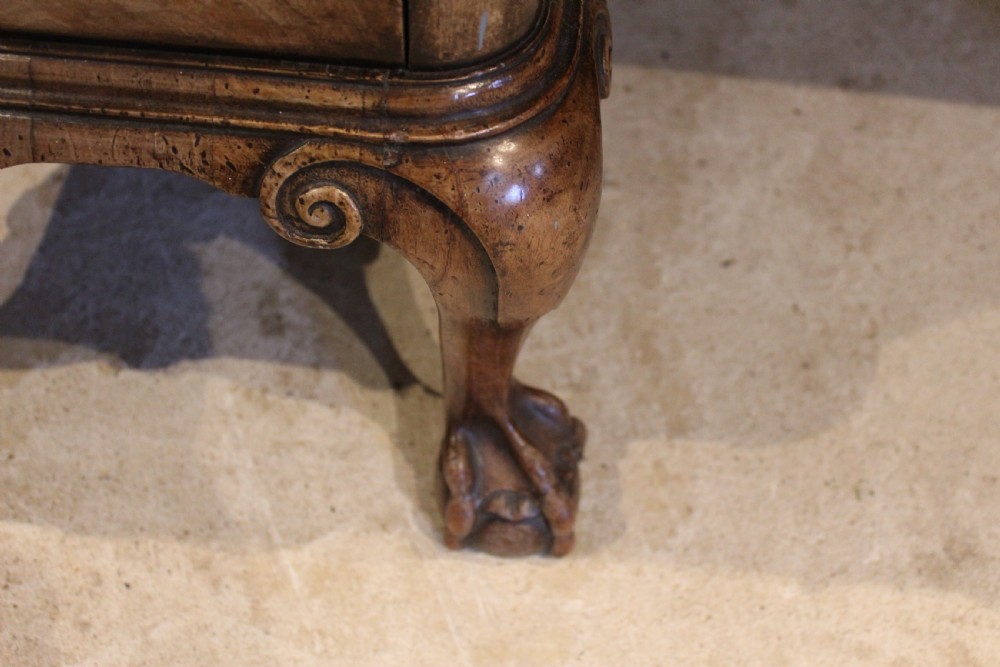 An early twentieth-century Queen Anne style burr walnut pedestal desk featuring carved cabriole legs with claw and ball feet, brass handles, and a leather writing surface. View III