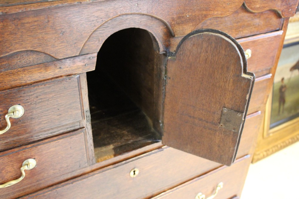 An 18th-century Georgian oak chest of drawers featuring brass swan-neck handles, a central carved arch door, and bracket feet. View VI