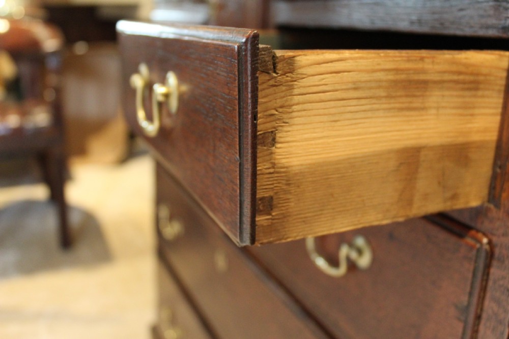An 18th-century Georgian oak chest of drawers featuring brass swan-neck handles, a central carved arch door, and bracket feet. View VII