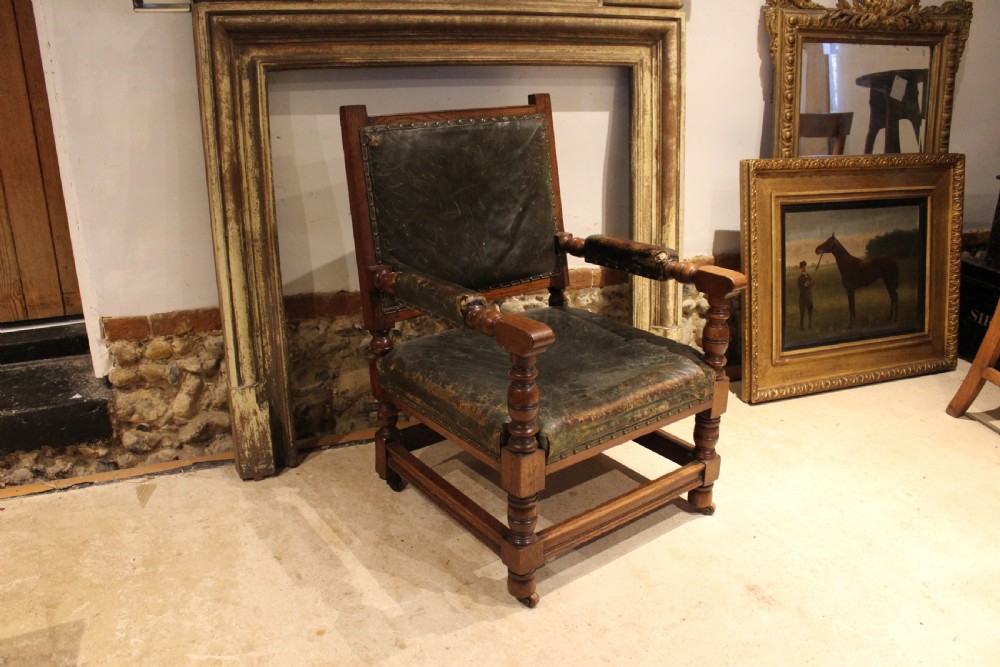 Chair Victorian Oak & leather library club armchair c1870