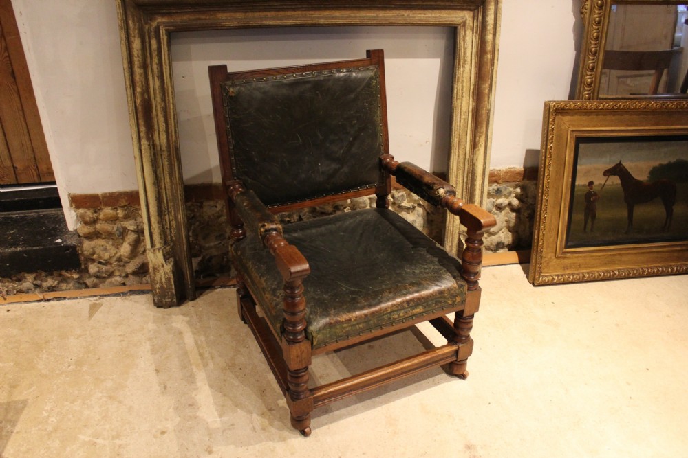 Chair Victorian Oak & leather library club armchair c1870 View II