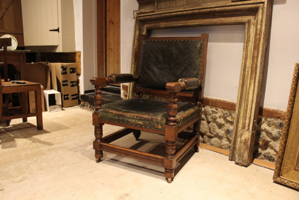 Chair Victorian Oak & leather library club armchair c1870 View III