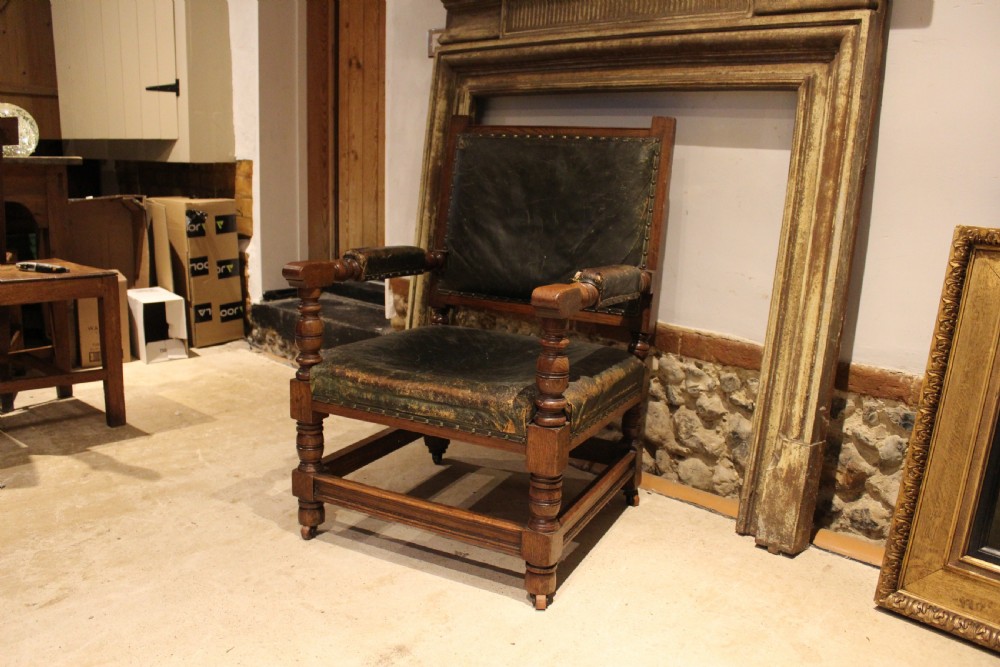 Chair Victorian Oak & leather library club armchair c1870 View IX