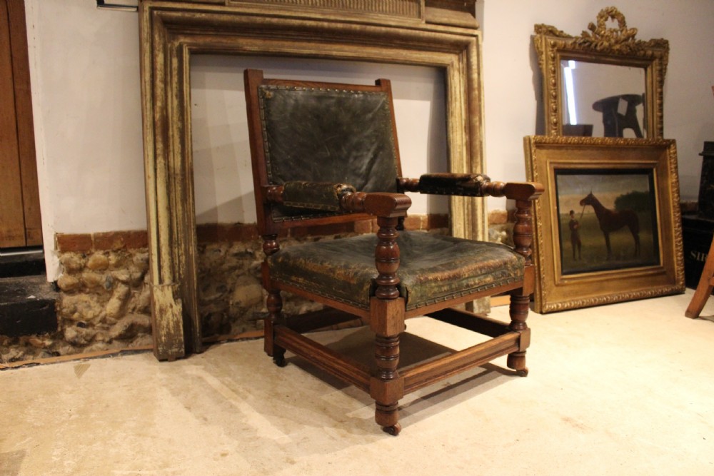 Chair Victorian Oak & leather library club armchair c1870 View X