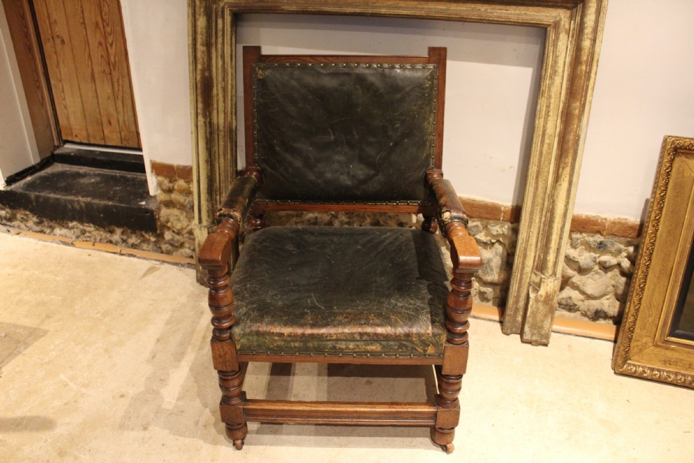 Chair Victorian Oak & leather library club armchair c1870 View XI