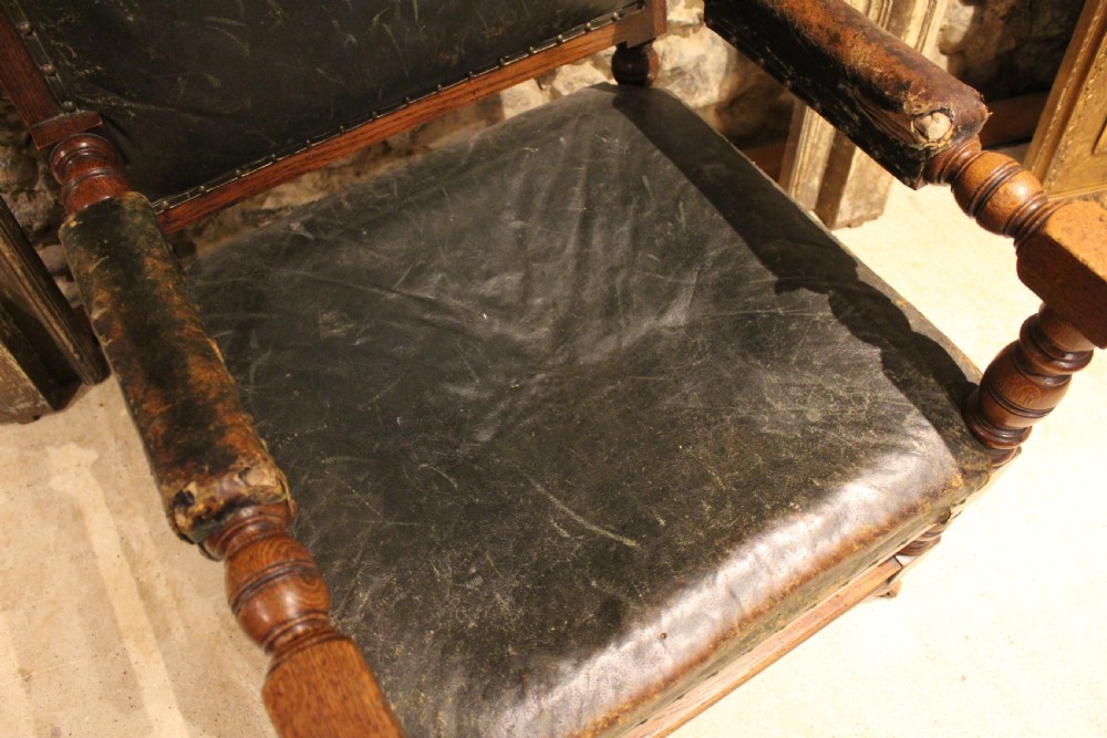 Chair Victorian Oak & leather library club armchair c1870 View XII