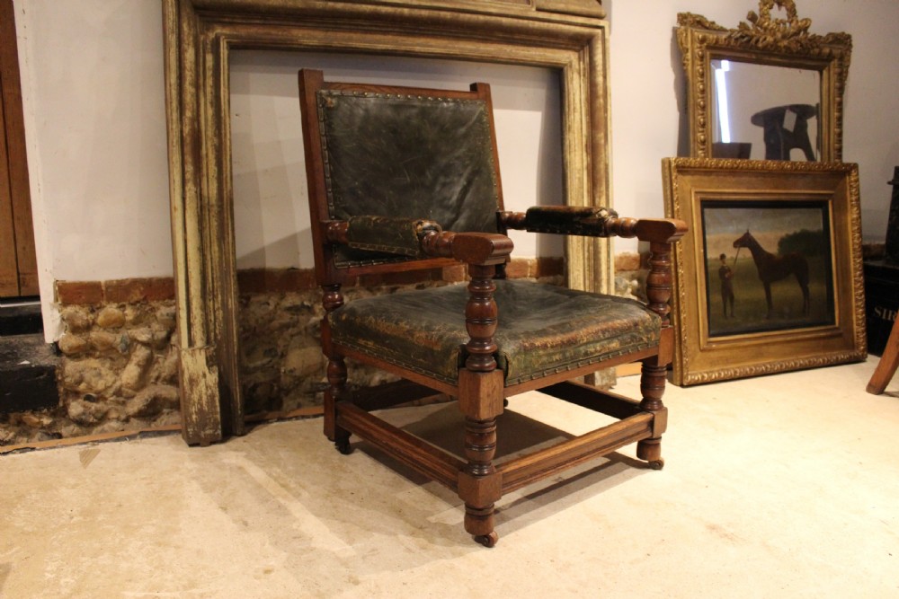 Chair Victorian Oak & leather library club armchair c1870 View XIV