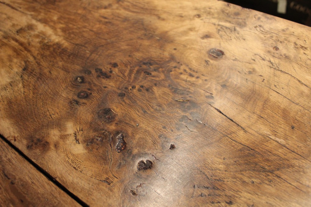 Table refectory farmhouse rare Burr oak seats 8 c1820 View III