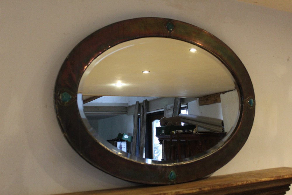 Mirror rare large Copper Liberty & Co heart shaped enamels c1900 View IX