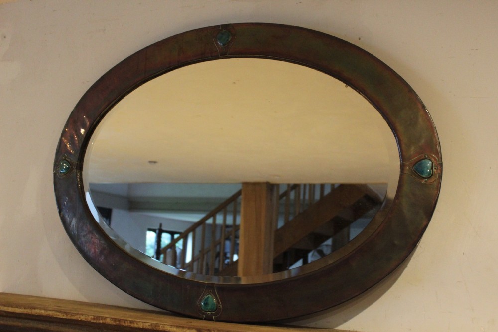 Mirror rare large Copper Liberty & Co heart shaped enamels c1900 View XII