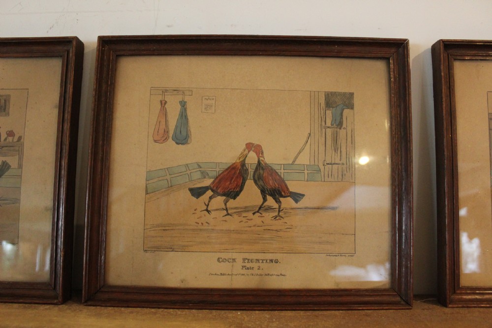 A set of four framed Victorian aquatint prints depicting cockfighting scenes in matching dark wood frames. View IV
