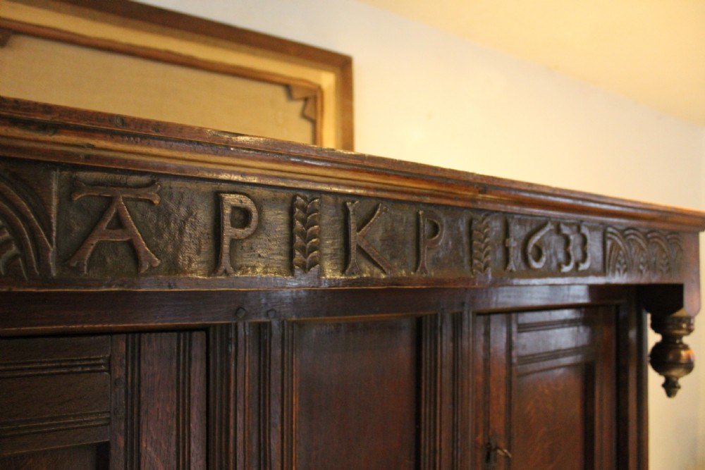 Court cupboard rare Charles I Oak small dated 1633 View II