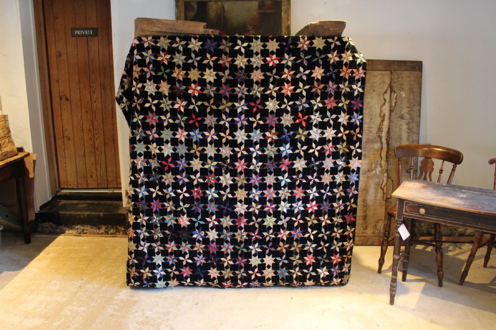 Quilt rare Victorian textile star pattern silk velvet patchwork possibly American c1850