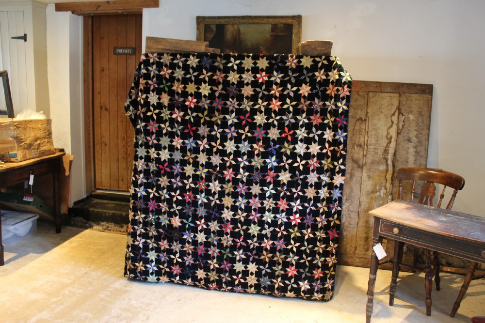 Quilt rare Victorian textile star pattern silk velvet patchwork possibly American c1850 View II