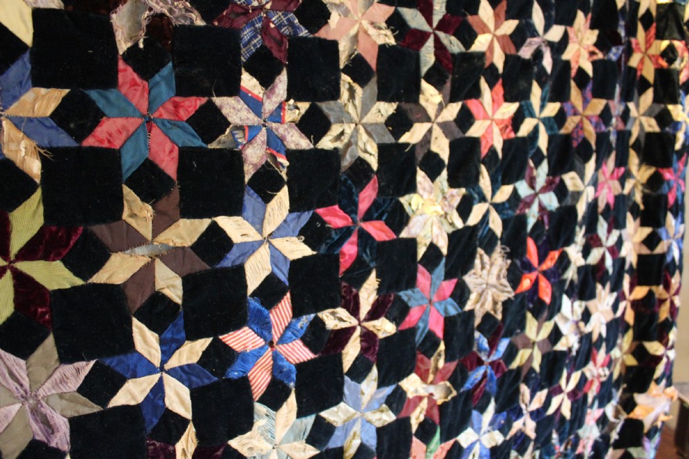 Quilt rare Victorian textile star pattern silk velvet patchwork possibly American c1850 View III