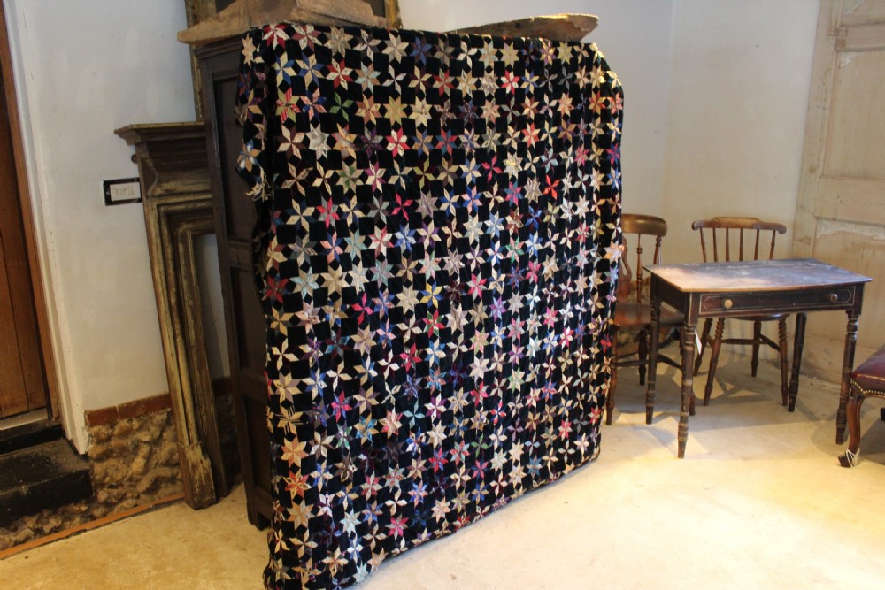 Quilt rare Victorian textile star pattern silk velvet patchwork possibly American c1850 View V