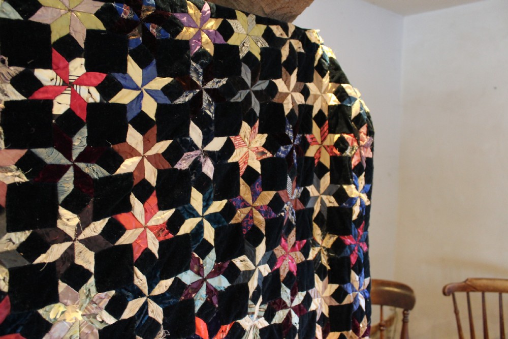 Quilt rare Victorian textile star pattern silk velvet patchwork possibly American c1850 View VII