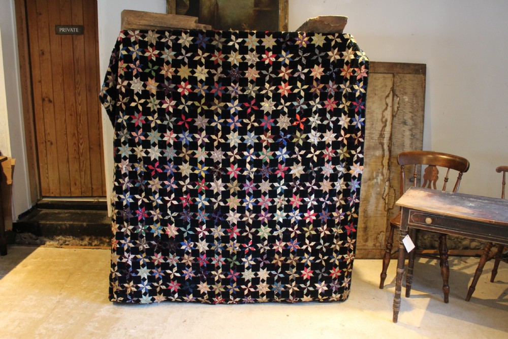 Quilt rare Victorian textile star pattern silk velvet patchwork possibly American c1850 View VIII