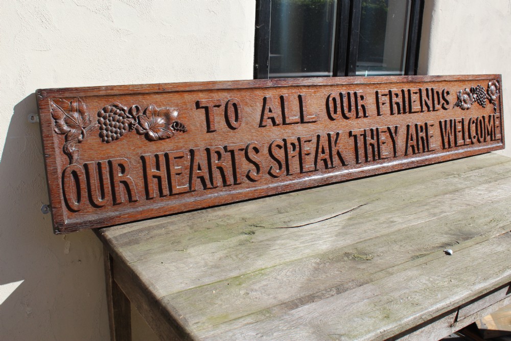 Arts and Crafts carved Motto sign Solid Oak c1890 View II