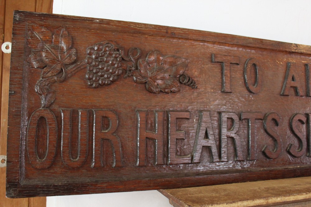 Arts and Crafts carved Motto sign Solid Oak c1890 View III