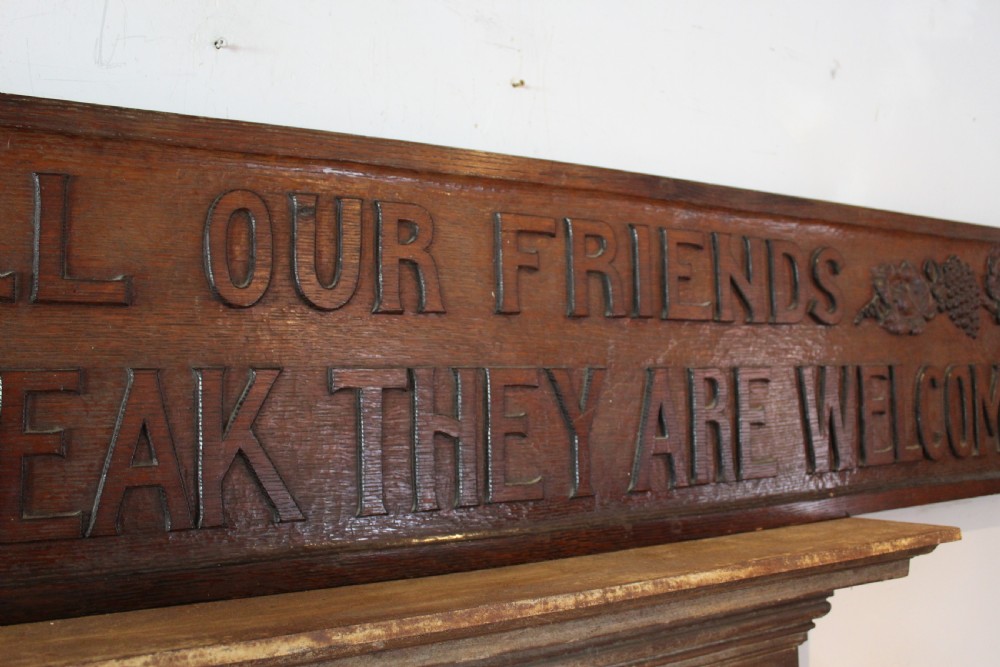 Arts and Crafts carved Motto sign Solid Oak c1890 View VI
