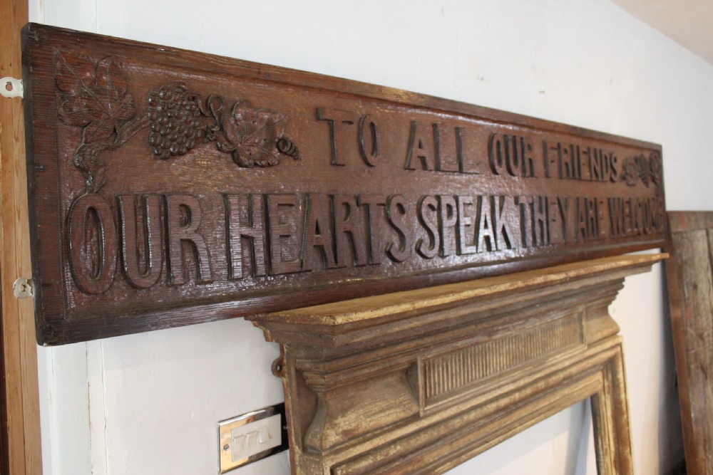 Arts and Crafts carved Motto sign Solid Oak c1890 View IX