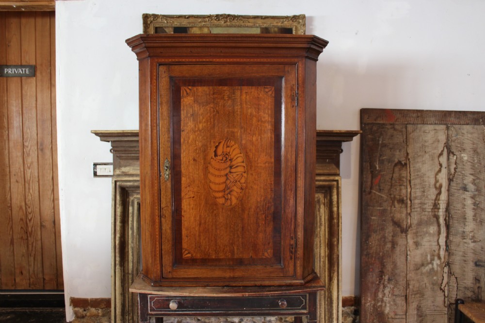 An 18th-century Georgian oak corner cupboard featuring a central inlaid shell motif on the single panel door and decorative crossbanding. View XIII