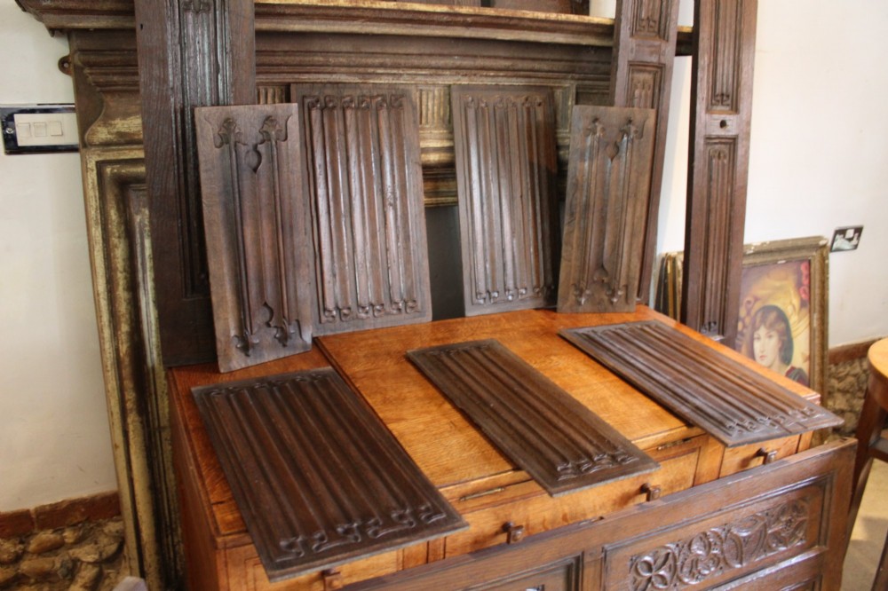 A collection of 16th and 17th-century carved oak panels displaying intricate linenfold and Gothic tracery relief motifs in dark brown tones. View V