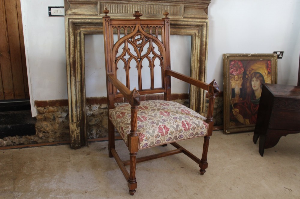 Chair Arts and Crafts solid Walnut Gothic armchair c1870