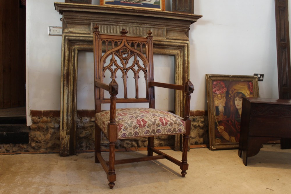 Chair Arts and Crafts solid Walnut Gothic armchair c1870 View V