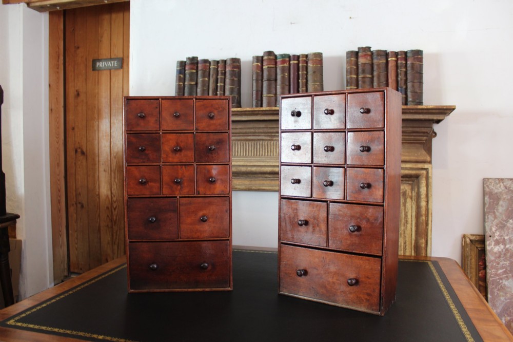 A pair of matching early nineteenth-century tabletop wooden apothecary chests featuring multiple small drawers with turned wooden knobs and a warm brown finish. View II