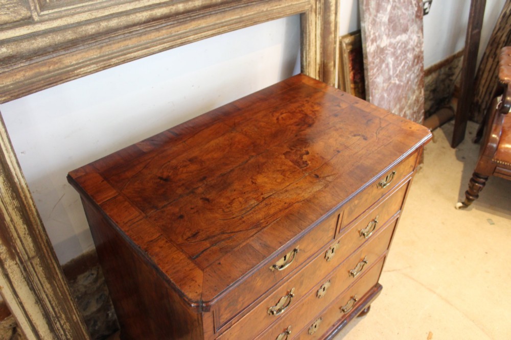 A compact George II walnut chest of drawers featuring decorative brass handles, crossbanded veneer top, and turned bun feet. View IV