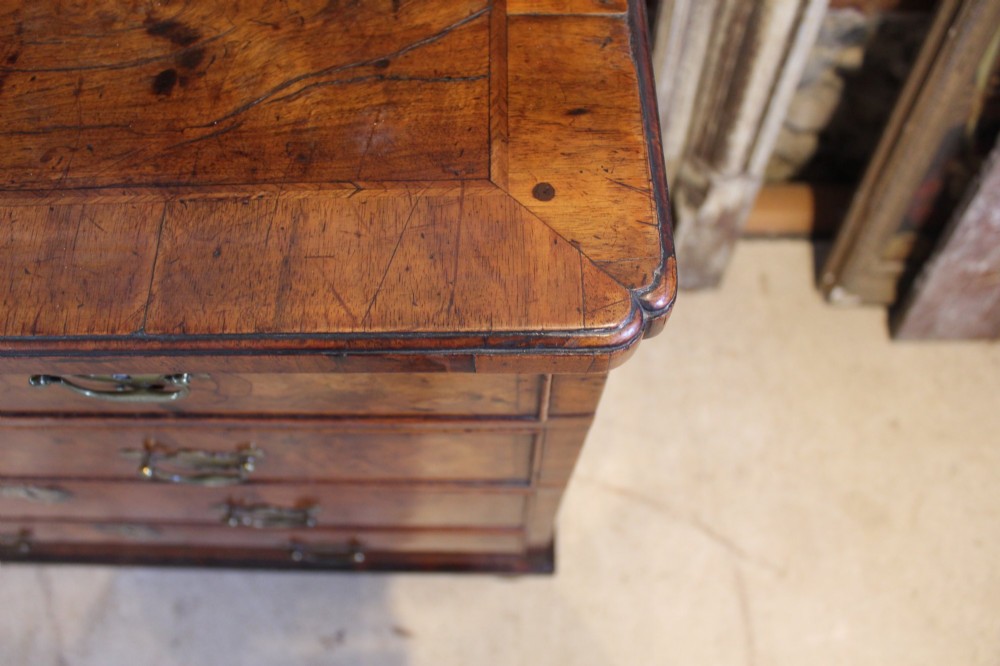 A compact George II walnut chest of drawers featuring decorative brass handles, crossbanded veneer top, and turned bun feet. View VII