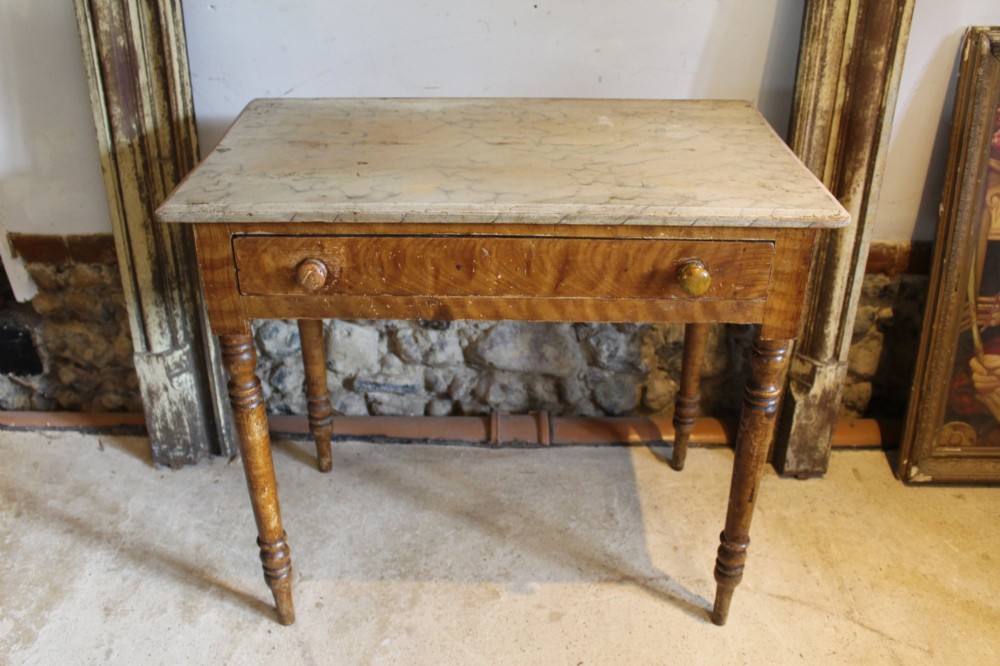 A mid-19th-century Victorian side table with a single drawer, turned legs, turned wooden knobs, and an authentic warm brown scumble glaze finish. View III