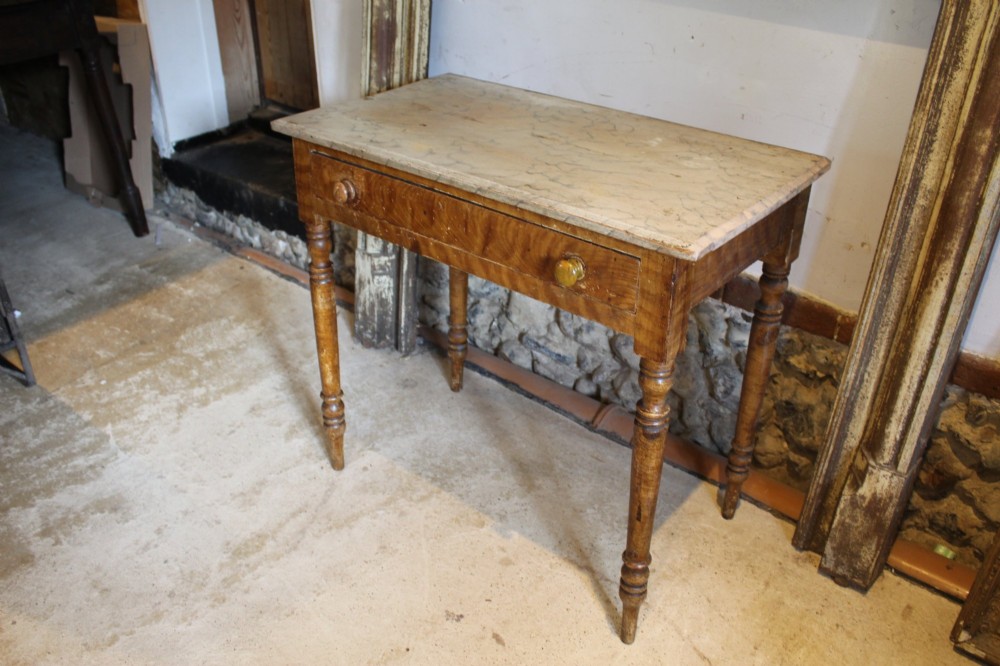 A mid-19th-century Victorian side table with a single drawer, turned legs, turned wooden knobs, and an authentic warm brown scumble glaze finish. View VI