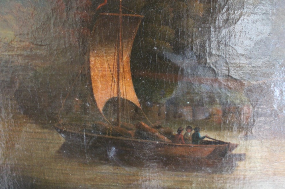 A large 18th-century oil painting on canvas depicting a landscape view of Windsor Castle across a river with a small sailing vessel, held in a beaded giltwood frame. View IV