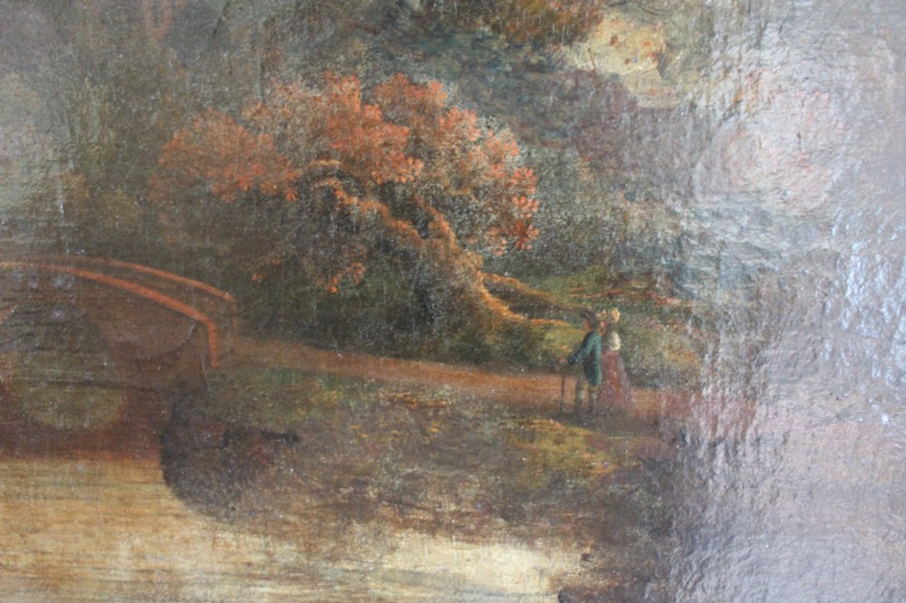 A large 18th-century oil painting on canvas depicting a landscape view of Windsor Castle across a river with a small sailing vessel, held in a beaded giltwood frame. View V