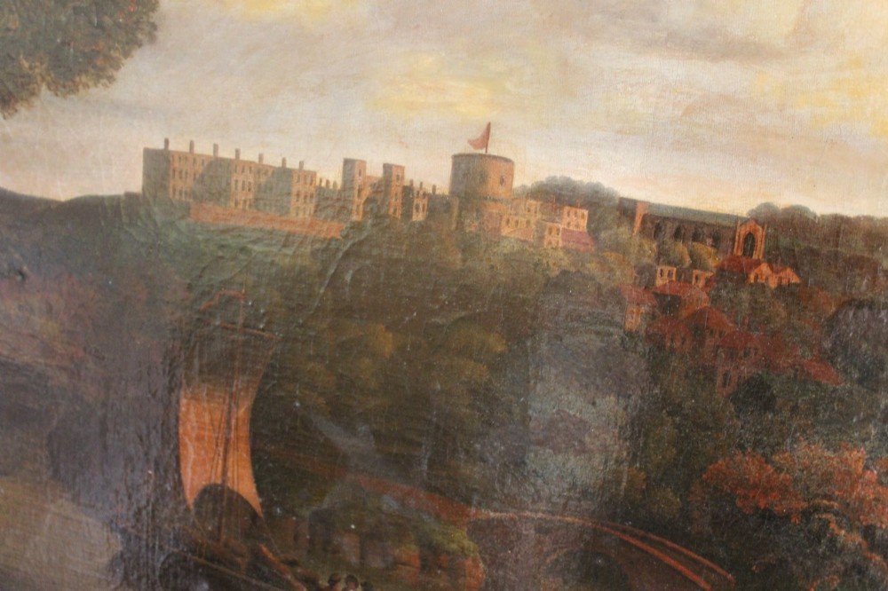 A large 18th-century oil painting on canvas depicting a landscape view of Windsor Castle across a river with a small sailing vessel, held in a beaded giltwood frame. View VI