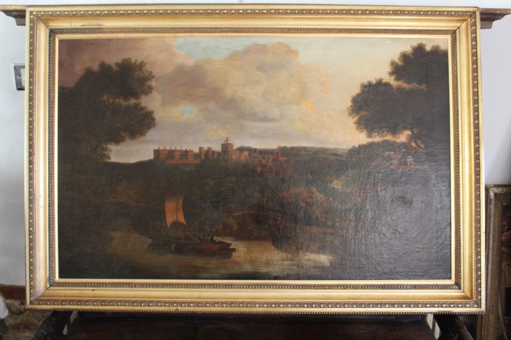 A large 18th-century oil painting on canvas depicting a landscape view of Windsor Castle across a river with a small sailing vessel, held in a beaded giltwood frame. View VII