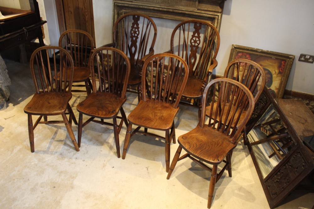 A set of eight Edwardian elm and beech Windsor dining chairs, including two armchairs and six side chairs, featuring hoop backs with spindle uprights and turned legs. View VI