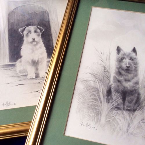 Pair of Pencil Sketches of Terriers